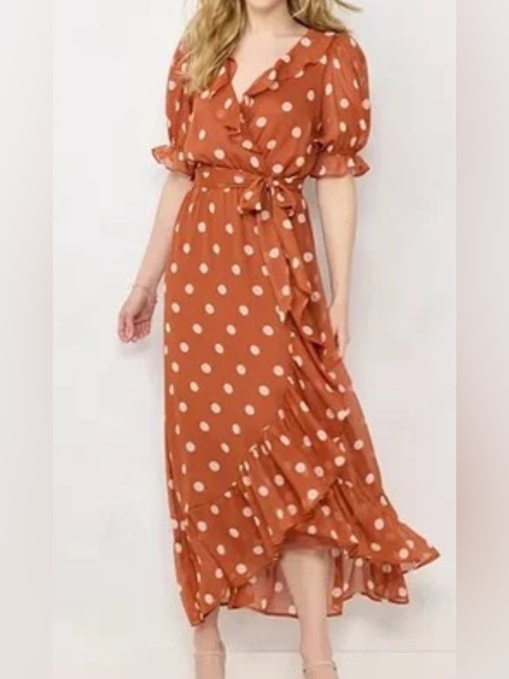 LC Lauren Conrad Rust Brick Orange Polka Dot Wrap Dress with Ruffle Trim